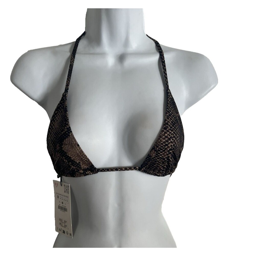 Zara Women’s Snakeskin Print  Triangle String Bikini Top Size M Brown Black NWT